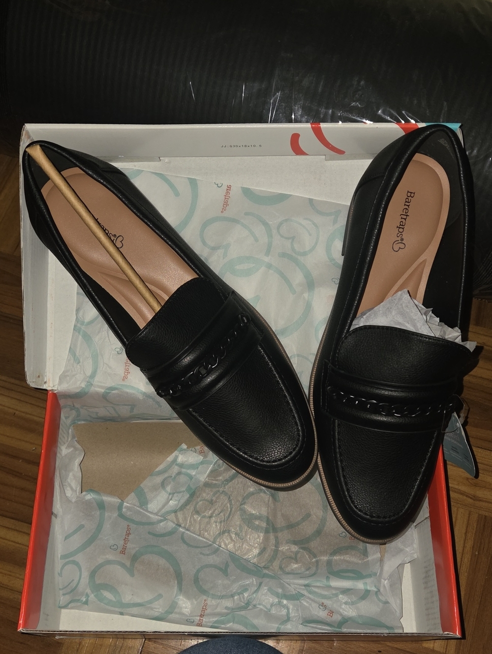 BareTraps Black Leather Chain-Trim Loafers